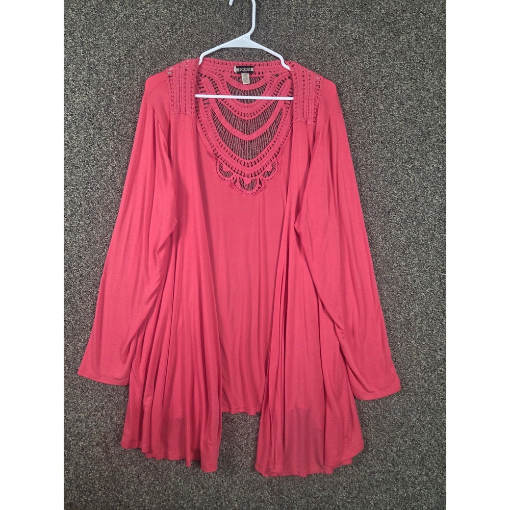 Haani Cardigan Women 2X Pink Crochet Lace Back Open Front Draped Long Sleeve